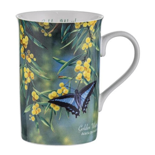 Ashdene Botanical Emblems bone china mug - Wattle, detail view